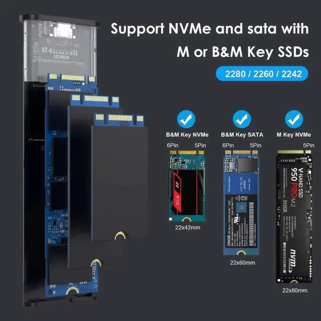 Alt view image 2 of 6 - JAENFONG M.2 NVMe SATA SSD Enclosure, Tool Free M.2 to USB C Adapter, 10 Gbps Hard Drive Reader NVMe Enclosure for M and B+M Keys and Size in 2280/2260/2242 SSDs
