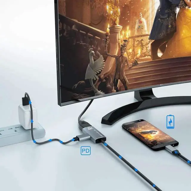 Alt view image 7 of 7 - JAENFONG USB C to DisplayPort 1.4 8K 1.8M Cable with USB-C PD 8K@60Hz 4K@144Hz Converter Thunderbolt 3 to DisplayPort Adapter Compatible with New MacBook Pro 2019 2020