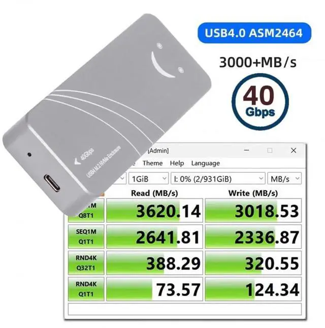 Alt view image 5 of 7 - JAENFONG USB4.0 Type-C USB4 40Gbps to PCI-E 4.0 X4 SSD NVME NGFF M-Key Enclosure USB-C 20Gbps ASM2464 Chipset