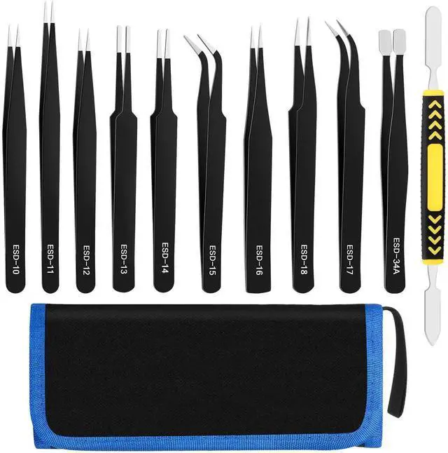 Main image of JAENFONG 11 PCS Precision Tweezers Set, ESD Tweezers Set, Premium Craft Tweezers Kit, Anti-Static Stainless Steel Tweezers with Tweezer Storage Bag for Lab, Electronics, Jewelry, Laboratory Work, DIY