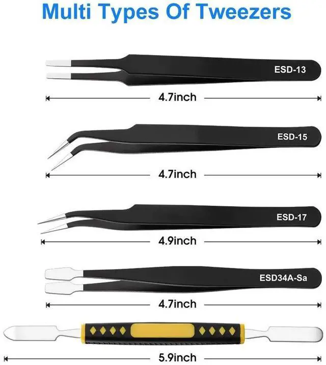 Alt view image 5 of 7 - JAENFONG 10 PCS Precision Tweezers Set, Stainless Steel ESD Anti-Static Tweezers Kit for Electronics Soldering, Jewelry-Making, Laboratory & Crafts - Includes Storage Bag