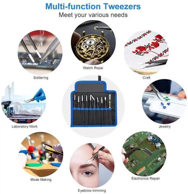 Alt view image 4 of 7 - JAENFONG 10 PCS Precision Tweezers Set, Stainless Steel ESD Anti-Static Tweezers Kit for Electronics Soldering, Jewelry-Making, Laboratory & Crafts - Includes Storage Bag