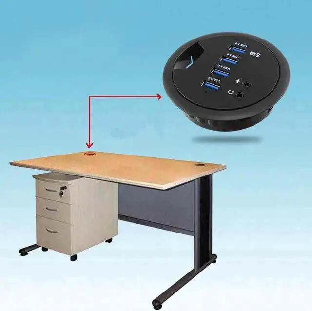 Alt view image 2 of 4 - JAENFONG In Desk 4-Port SuperSpeed USB 3.0 HUB Adapter Fits in a 3inch grommet hole and External Stereo Sound Adapter Combo