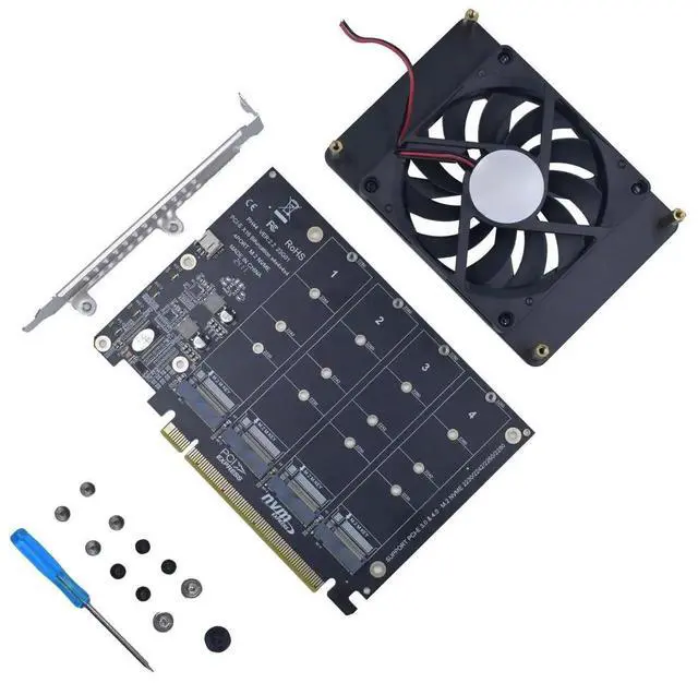 Alt view image 3 of 7 - JAENFONG M.2 PCIe Adapter x16 Gen4 for 4 Ports M2 SSDs, PCIe M.2 Expansion Card for 4 M.2 2280 2260 2242 2230 NVMe SSDs M Key with Advanced Cooling Ultra Quiet DC Brushless Fan