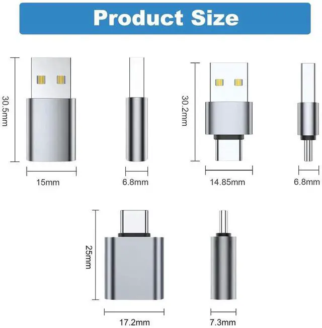 Alt view image 3 of 6 - JAENFONG USB C Adapter (6 Pack), USB A Male to USB C Male, USB 3.0 Male to USB C Female, USB Type-C Male to USB 3.0 Female Converter Connector (Grey)