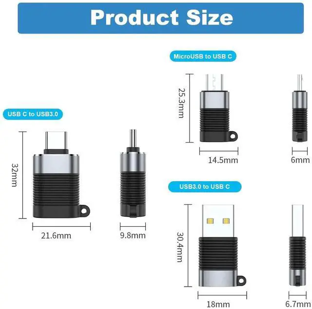 Alt view image 6 of 6 - JAENFONG USB C Adapter (6 Pack), Micro USB Male to USB C Female, USB 3.0 Male to USB C Female, USB Type-C Male to USB 3.0 Female Converter Connector
