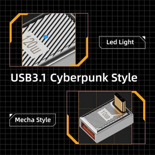 Alt view image 3 of 7 - JAENFONG  Adapter USB-C USB 3.1 Type C Male to USB 3.0 A Female 10Gbps OTG Data 120W Power Up Down Angled Adapter Alloy Shell Mecha Cyberpunk Style