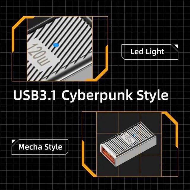 Alt view image 2 of 7 - JAENFONG  Adapter USB-C USB 3.1 Type C Female to USB 3.0 A Female 10Gbps OTG Data 120W Power Adapter Alloy Shell Mecha Cyberpunk Style