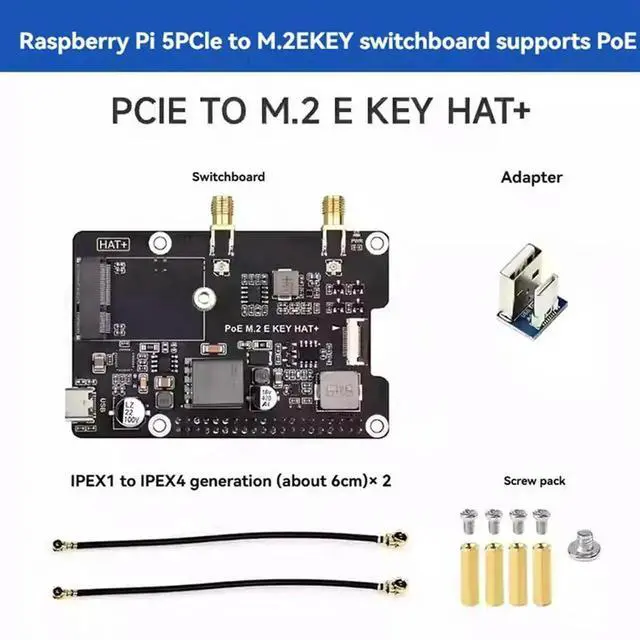 Main image of JAENFONG For Raspberry Pi 5 PCIe to M.2 E KEY with PoE HAT+ Supports NGFF Wireless Network Card/Bluetooth for RPI 5