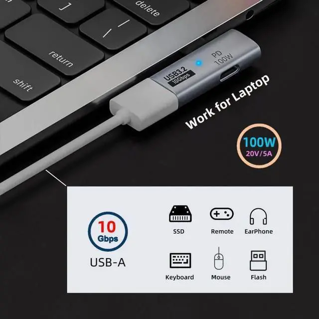 Alt view image 6 of 7 - JAENFONG 2 in 1 USB C to USB 3.2 Adapter - 100W Fast Charging & Data Transfer OTG Converter