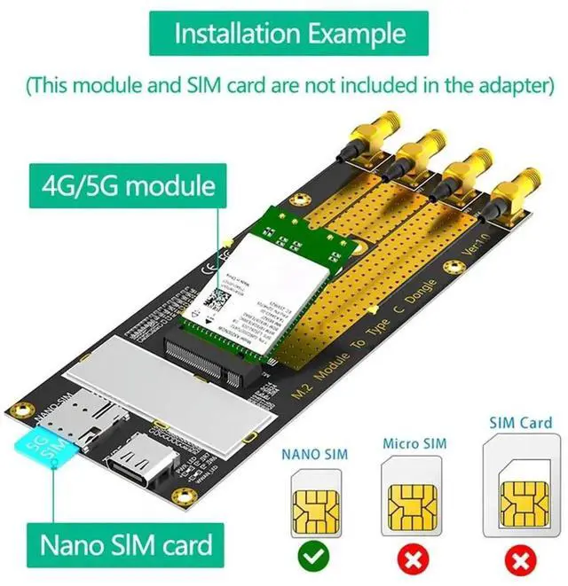 Alt view image 5 of 7 - JAENFONG M.2(M.2) 3G/4G/5G Module To Type C /USB 3.0 Adapter With NANO SIM Card Slot For RM500Q/RM500U /GM800/ SIM8200 Module