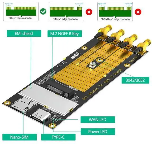 Alt view image 4 of 7 - JAENFONG M.2(M.2) 3G/4G/5G Module To Type C /USB 3.0 Adapter With NANO SIM Card Slot For RM500Q/RM500U /GM800/ SIM8200 Module