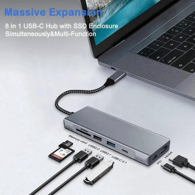 Alt view image 2 of 7 - USB-C Hub with M.2 NVMe/SATA SSD Enclosure, 8 in 1 USB C Hub Adapter Fits PCIe 3.0 NVMe M.2 SSD, 2.5-inch SATA HDD with 4K HDMI, 10Gbps USB-C 3.1 & USB 3.1, USB 2.0, SD/Micro SD, 100W PD for Laptops