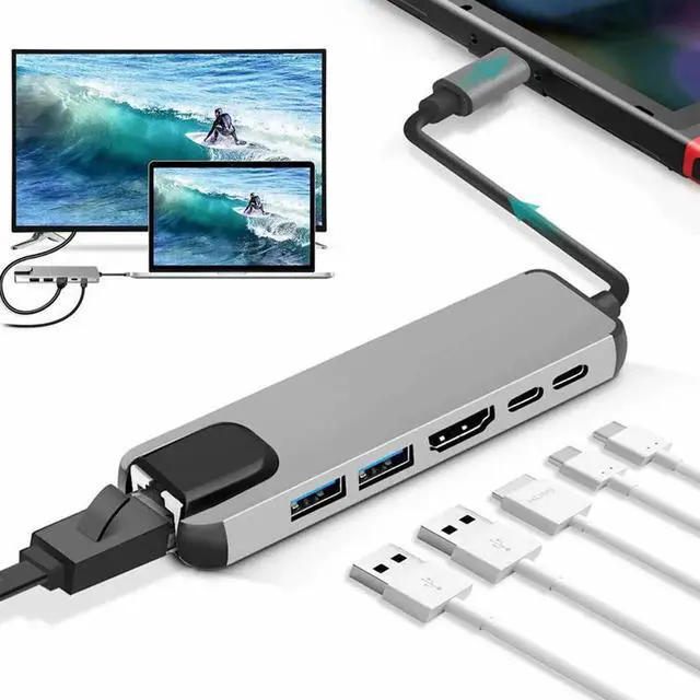 Alt view image 5 of 5 - USB C to HDMI-compatible Multiport Adapter,USB C to HDMI-compatible 4K@30Hz / 100Mpbs RJ45 Ethernet / 2 x USB-A Ports / USB-C Data / USBC 87W PD Charging Port - USB Type C Hub - USB C Converter