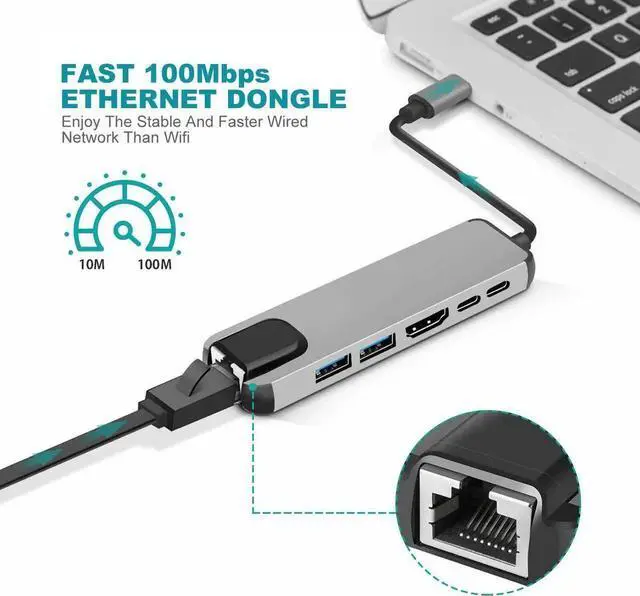 Alt view image 4 of 5 - USB C to HDMI-compatible Multiport Adapter,USB C to HDMI-compatible 4K@30Hz / 100Mpbs RJ45 Ethernet / 2 x USB-A Ports / USB-C Data / USBC 87W PD Charging Port - USB Type C Hub - USB C Converter