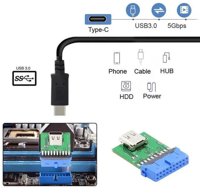 Alt view image 6 of 6 - JAENFONG  USB 3.1 Type C to USB 3.0 Motherboard Adapter, 19/20 Pin Header, 5Gbps, Green
