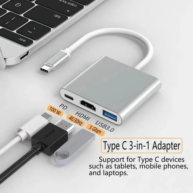 Alt view image 3 of 6 - USB C to HDTV 3-in-1 Adapter, Type-C Hub with HDMI 4K Output, USB 3.0 Port, 100W Charging Port, Compatible with MacBook, HP, Samsung and More