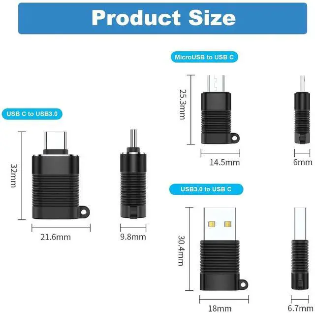 Alt view image 2 of 6 - JAENFONG  USB C Adapter (6 Pack), Micro USB Male to USB C Female, USB 3.0 Male to USB C Female, USB Type-C Male to USB 3.0 Female Converter Connector (Black)