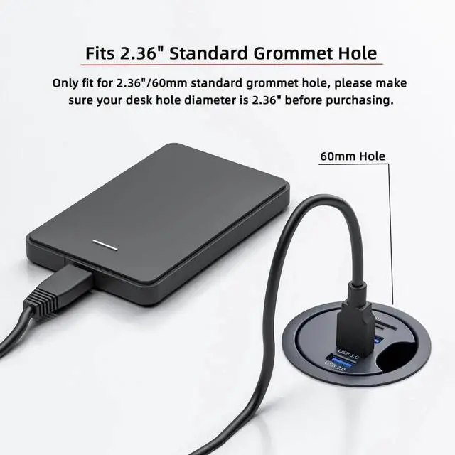 Alt view image 6 of 7 - USB 3.0 Flush Mount Desktop HUB,3 USB 3.0 Port HUB Grommet Hole 2.36"(60mm) with SD/TF Card Reader Port