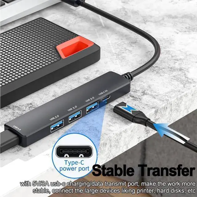 Alt view image 3 of 7 - JAENFONG  5 Port Powered USB 3.0 Hub, USB Extender Splitter with 4 USB-A and 1 PD Type-C Fast Charging/Data Port, USB Hub Extender Expand Ports for Laptop, MacBook, PC, PS4/5,Xbox, Car and More