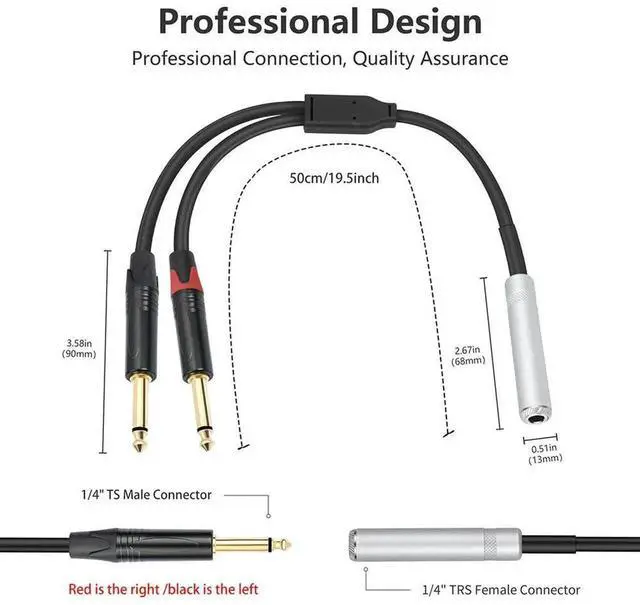 Main image of JAENFONG 6.35mm 1/4 TRS Female To Dual 6.35mm TS Male Y Splitter Cable Stereo Breakout Cable for Mixer Speakers and Home Stereo System
