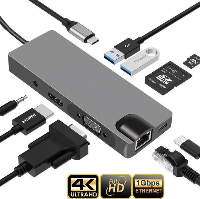 Main image of JAENFONG  USB C Hub, 9 in 1 USB C Adapter with Ethernet, 4K HDMI, USB C Power Delivery, 2 USB 3.0 Ports, SD/TF Card Reader, , VGA Port, Audio Port Portable Hub for MacBook Pro and Other Type C Laptops
