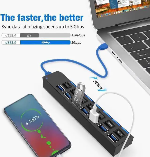 Alt view image 5 of 7 - JAENFONG Multi Port USB Splitter7 Port USB 3.0 Hub, USB A Port Data Hub with Independent On/Off Switch and LED Indicators, Lights for Laptop, PC, Computer, Mobile HDD, Flash Drive and More (Black)