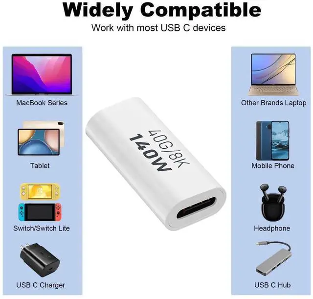 Alt view image 6 of 6 - JAENFONG  2 Pack USB C Female to Female Adapter, USB Type C Coupler Extender Support 140W, 40Gbps, 8K@60Hz for Thunderbolt 4/3, MacBook Pro/Air, Laptop, Phones and More Type C Devices (White)