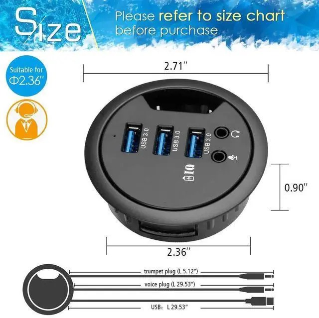 Alt view image 3 of 7 - JAENFONG  Grommet Hole in Desk USB 3.0 3 Port Hub BC 1.2 USB Charger with 3.5mm Sound Card Mic Phone Jack, for iPhone/Smart Phones