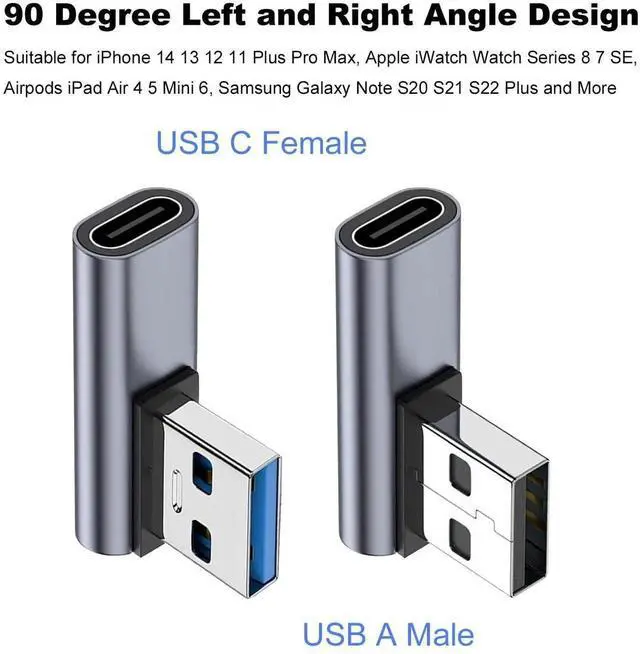 Alt view image 2 of 6 - JAENFONG 90 Degree USB C Female to USB Male Adapter 2 Pack, Left and Right Angle Type C to USB A Charger Converter for iPhone, Apple iWatch Watch, Airpods, iPad Air Mini and More