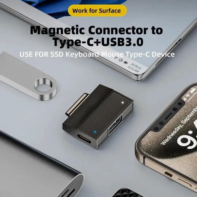 Alt view image 6 of 7 - JAENFONG Adapter Magnetic to USB3.1 Type-A & 15V Type-C USB-C Data Charge SF532 for Surface Pro9 Pro8 Pro7 Pro6 Pro X Go Book