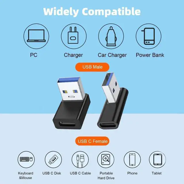 Alt view image 5 of 6 - JAENFONG 90 Degree USB to USB C Adapter 4 Pack, Up and Down Angle, Left and Right Angle Type C Female to A Male Converter Extender for PC, Laptop, USB A Charger, Power Bank and More (Black)