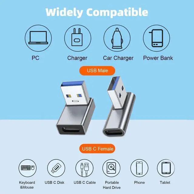 Alt view image 6 of 6 - JAENFONG 90 Degree USB to USB C Adapter 4 Pack, Up and Down Angle, Left and Right Angle Type C Female to A Male Converter Extender for PC, Laptop, USB A Charger, Power Bank and More (Grey)