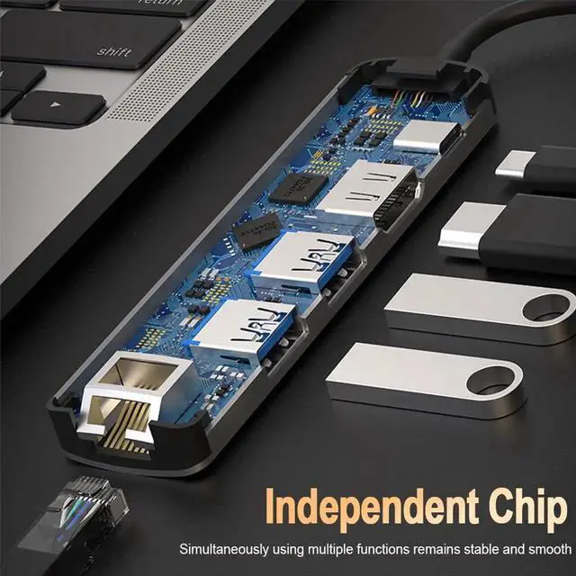 Alt view image 5 of 7 - JAENFONG 5 in 1 USB C Ethernet Multiport Adapter for MacBook, USB C Hub to 4K@60oz HDMI Splitter with 2 USB 3.0 1 PD Dock Dongle, Compatible with MacBook Pro Air/Chromebook/Dell XPS/HP/Matebook