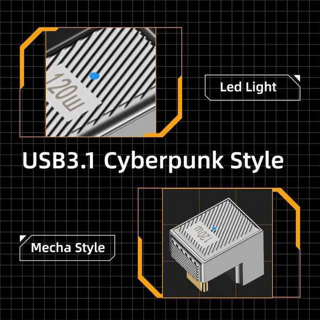 Alt view image 2 of 7 - JAENFONG  Adapter USB-C USB 3.1 Type C Male to USB 3.0 A Female 10Gbps OTG Data 120W Power Opposite U Shape Back Angled Adapter Alloy Shell Mecha Cyberpunk Style