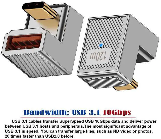 Alt view image 4 of 7 - JAENFONG  Adapter USB-C USB 3.1 Type C Male to USB 3.0 A Female 10Gbps OTG Data 120W Power Opposite U Shape Back Angled Adapter Alloy Shell Mecha Cyberpunk Style