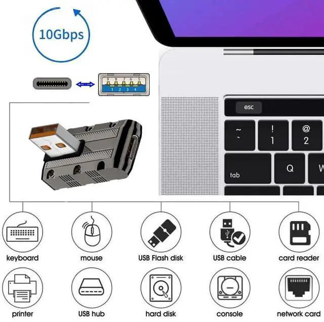 Alt view image 2 of 7 - JAENFONGAdapter USB-C USB 3.1 Type C Female to USB 3.0 Type-A Male 90 Degree Left Angled Low Profile Type 10Gbps Data 120W Power Adapter Mecha Cyberpunk Style