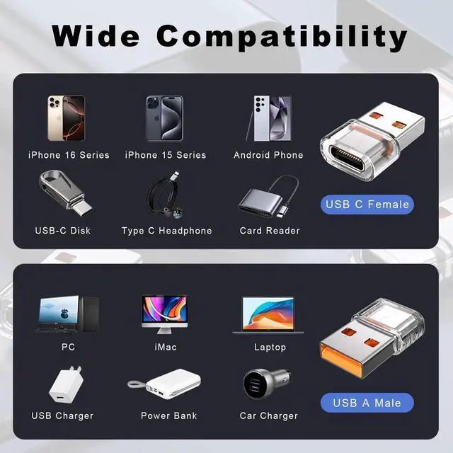 Alt view image 2 of 7 - JAENFONG USB to USB C Adapter 6 Pack, USB C Female to USB A Male Charger Converter for Apple Watch Ultra, iPhone 16/15/14/13 Pro Max, iPad, Airpods, Galaxy S24/S23, Car and More (Clear)