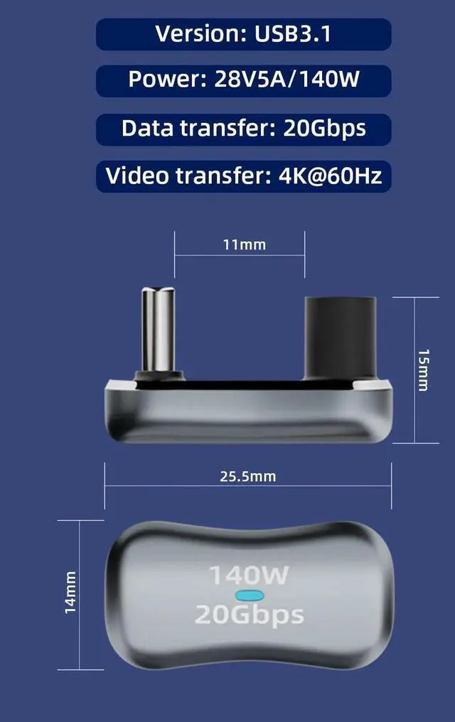 Alt view image 6 of 6 - JAENFONG 180 USB C Adapter (2 Pack), 180 Degree Angle USB-C Male to Female 20Gbps PD 140W Adapter for Steam Deck, Switch, Laptop, Tablet, Phone and More Type C Devices