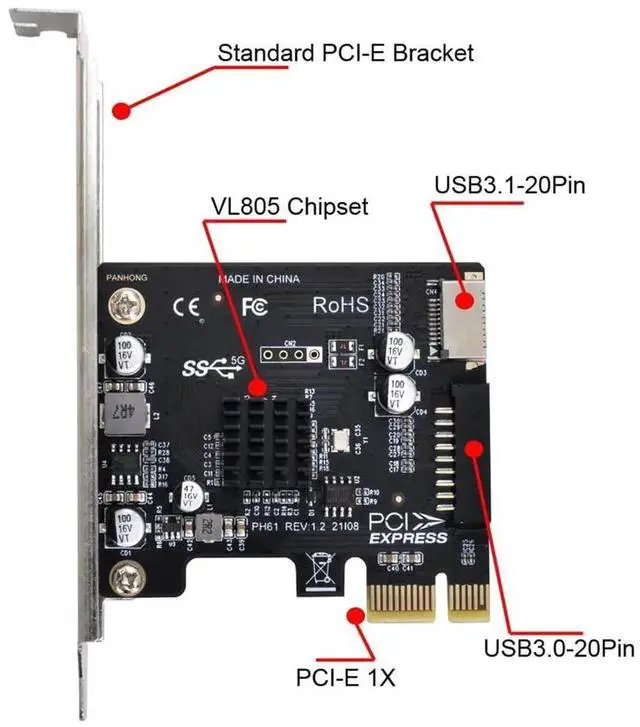 Alt view image 7 of 7 - JAENFONG 5Gbps Type-E USB 3.1 Front Panel Socket & USB 3.0 to PCI-E 1X Express Card VL805 Adapter for Motherboard