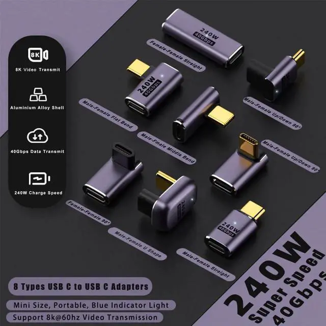 Alt view image 6 of 7 - 8 Pack USB C Adapter 240W 40Gbps 8K 60Hz, 90 Degree Right Angle, Straight, U Shape, Female to Male, Female to Female USB C Extender for Steam Deck, ROG Ally, Meta Quest, iPad, MacBook, Smart Phone