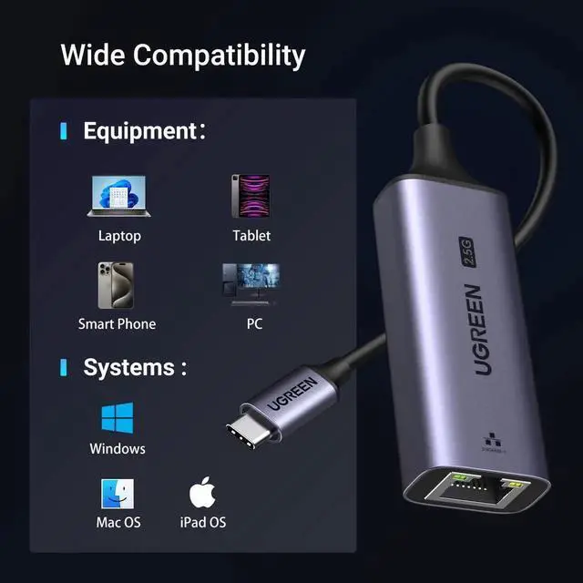 Alt view image 3 of 7 - UGREEN USB C to Ethernet Adapter 2.5G, Ethernet Adapter for Laptop, Aluminum, Type C (Thunderbolt 4/3 Compatible) to RJ45 Network Internet, Compatible for NAS, MacBook Air/Pro, XPS, iPhone 15 Pro/Max