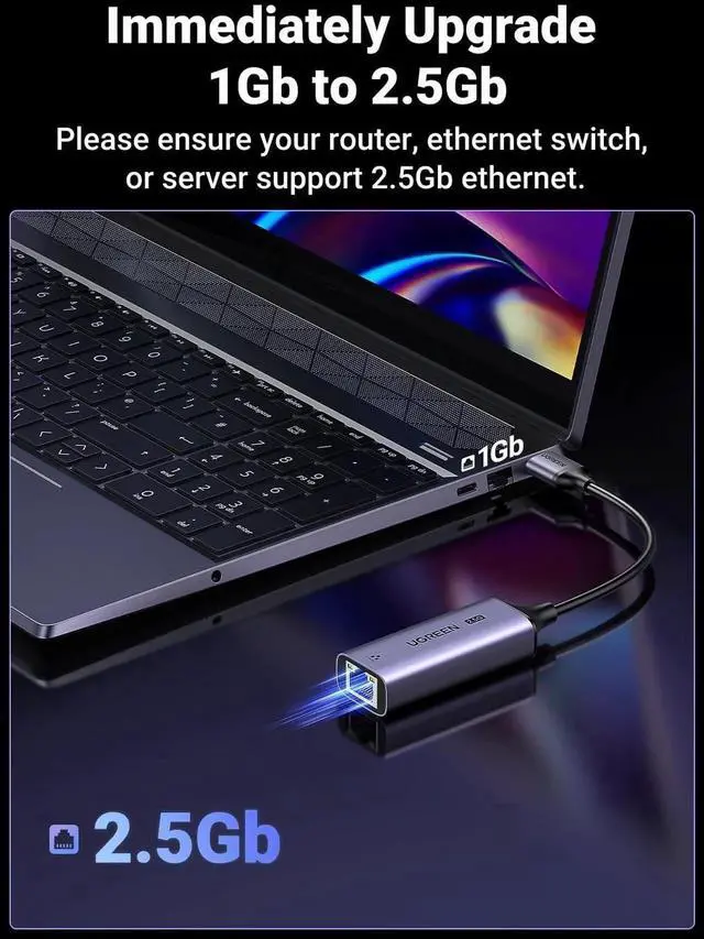Alt view image 2 of 6 - JAENFONG UGREEN USB to Ethernet Adapter 2.5Gb, Ethernet Adapter, Aluminum, USB 3.0 to RJ45 Computer Network Internet LAN Dongle for Laptop, Compatible for MacBook Air/Pro, XPS, Windows, macOS