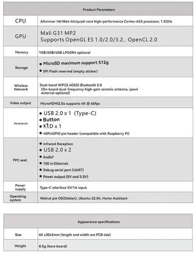 Main image of JAENFONG For WalnutPi ZeroW Development Board Allwinner H618 2.4G /5G Bluetooth 5.0 4K Motherboard with Antenna 4G