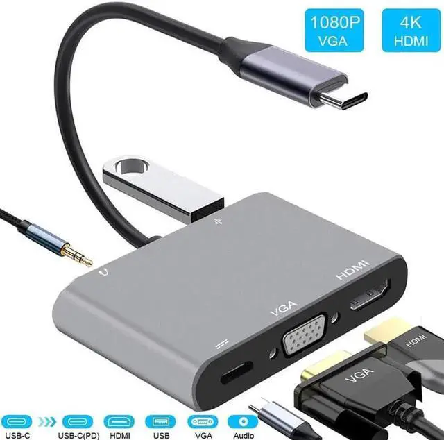 Main image of JAENFONG  5 In 1 Type C Adapter Hunderbolt to HDMI VGA USB 3.0 and 3.5mm Jack Audio PD Charging for MacBook Pro Laptop Phone