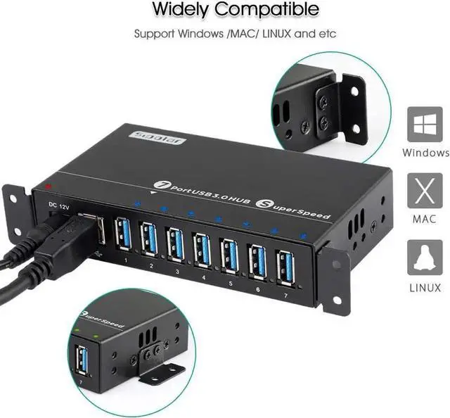 Alt view image 2 of 6 - JAENFONG USB 3.0 Splitter, Aluminum 7 Ports Super Speed USB3.0 Data hub, Aluminum USB 3.0 Hub with 12V 3A 36Watt Powered, Mounting Bracket, LEDs, Balck