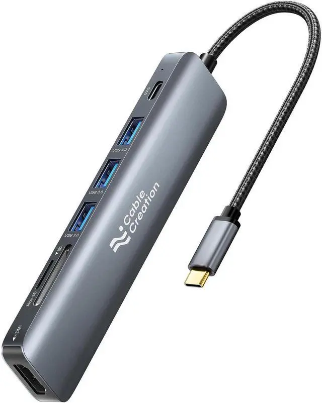 Main image of USB C Hub Multiport Adapter, 7-in-1 USB C HDMI Hub with 4K 30Hz HDMI, 100W PD, 3 USB 3.0 5Gbps Data Ports, SD/TF Cards Reader for MacBook Pro/Air, iPad Pro, Pixelbook, XPS
