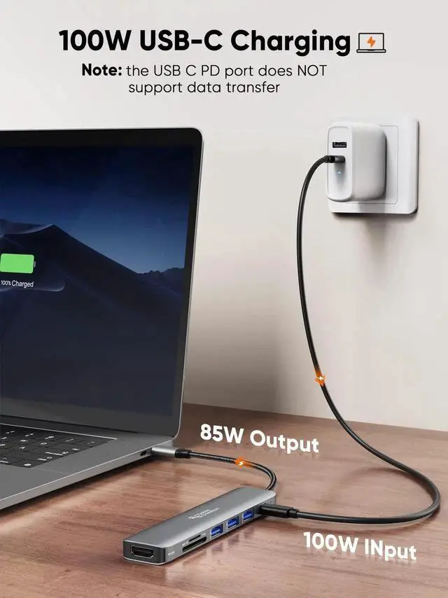 Alt view image 4 of 7 - USB C Hub Multiport Adapter, 7-in-1 USB C HDMI Hub with 4K 30Hz HDMI, 100W PD, 3 USB 3.0 5Gbps Data Ports, SD/TF Cards Reader for MacBook Pro/Air, iPad Pro, Pixelbook, XPS