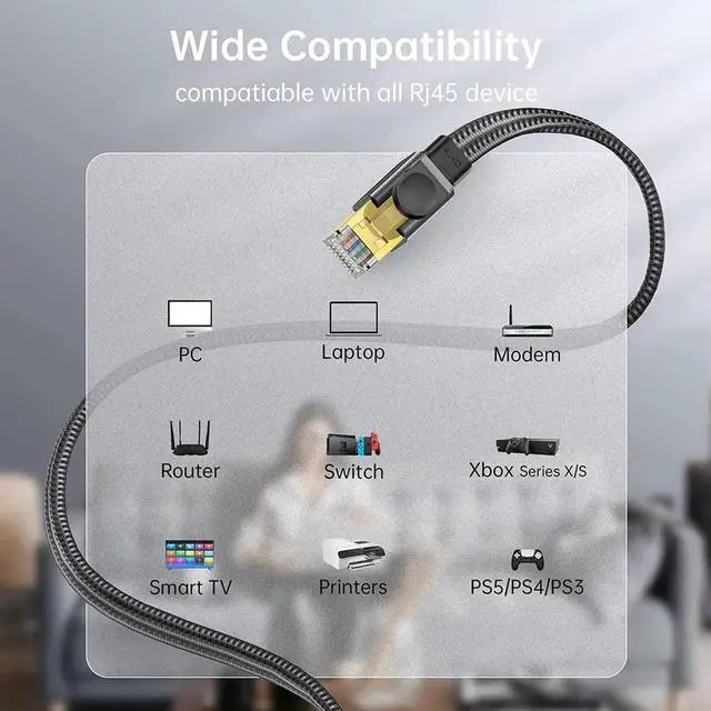 Alt view image 3 of 7 - JAENFONG Cat 8 Ethernet Cable , 26AWG Flat Braided High Speed Network LAN Cable 40gbps 2000mhz, Heavy Duty Shielded Ethernet Cord with Gold Plated RJ45 Connectors for Router Modem Gaming PS5/4 33 ft.