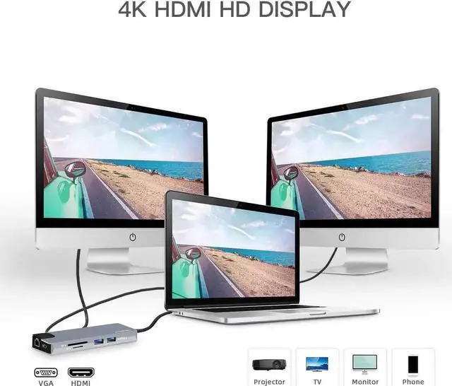 Alt view image 7 of 7 - 9-in-1 USB C Hub Adapter, Type-C Dongle with 4K HDMI, Gigabit Ethernet, 1080P VGA, 60W Power Delivery, 2 USB 3.0, SD/TF Card Reader, Audio/Mic for MacBook Pro/Air, iPad Pro, Chromebook & More